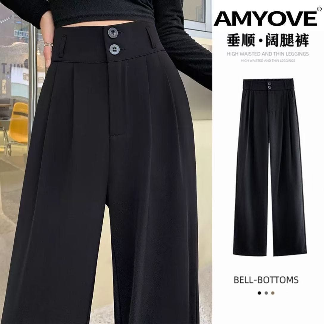 New Summer Slim Narrow Wide-Leg Pants for Women, Versatile Suit Pants, Loose Casual Black Straight-Leg Trousers with Drape