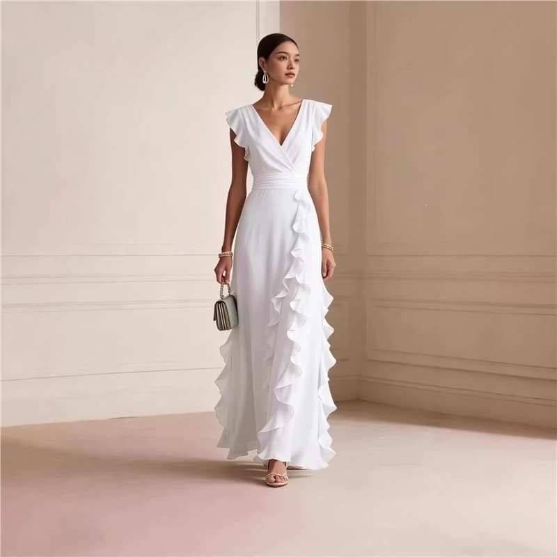 2026 European and American Independent Station Amazon Solid Color Summer Ruffled Sleeveless V-Neck Waist-Slimming Thin Dress