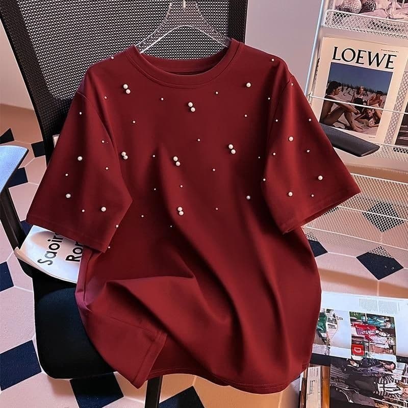 European-Style Heavy-Duty Beaded Short-Sleeve T-Shirt, 2026 Spring Collection, Fashionable Loose Fit, Couple Style, Cotton, Simple Commuter Style 150