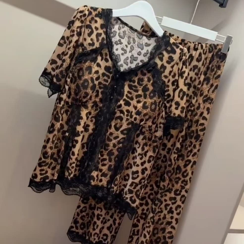 2026 Trendy New Sexy Leopard Print Lace Pajama Set Plus Size Slimming Luxury Youthful Short Sleeve Long Pants