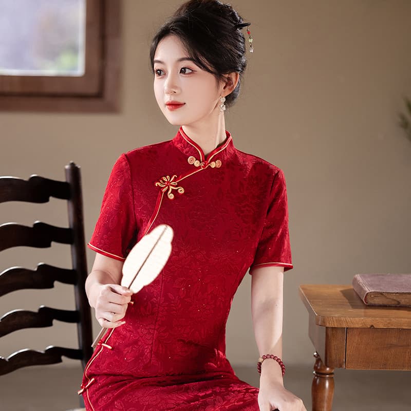 Red Elegant Skinny Banquet Wedding Cheongsam Toast Dress Summer New Guofeng Engagement Send Jacquard Mid-length