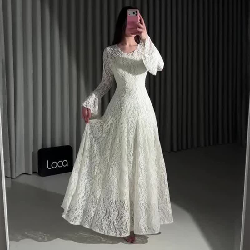 2026 new European and American Amazon cross-border foreign trade women's white long-sleeved lace gentle waist women's long skirt