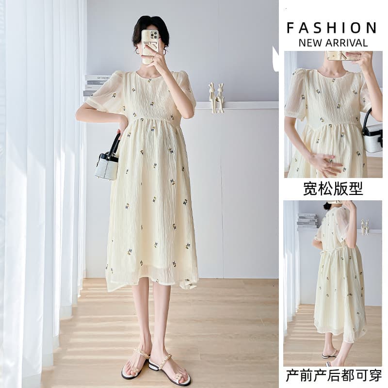 Maternity Dress 2025 Summer New Korean Style Tencel Embroidered Loose Sweet Top Midi Maternity Dress