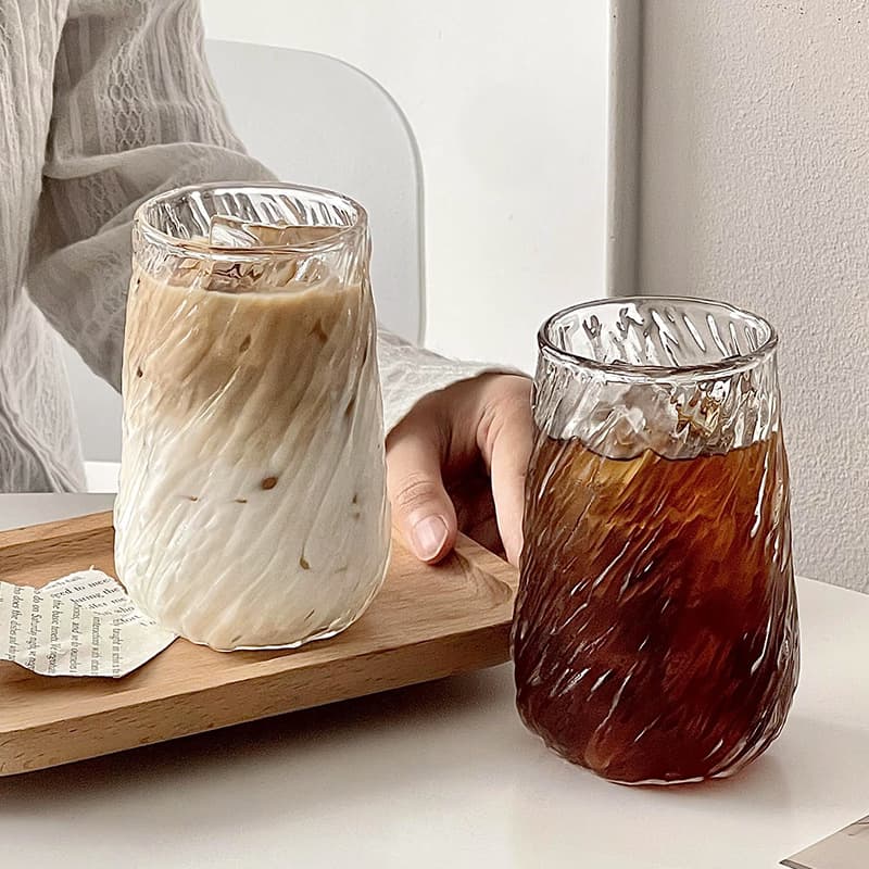 Spiral Pattern Glass Cup for Coffee, Milk, Iced Americano, Latte, Thickened Irregular Texture Glass
