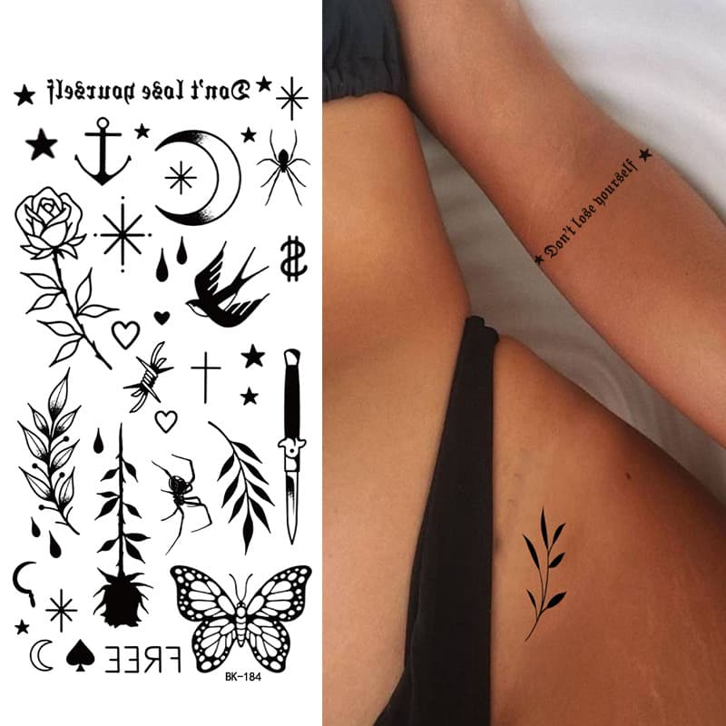 Cross-Border Best-Selling Tattoo Stickers, Plain Floral English Letters, Flowers, Butterflies, Line Transfer Tattoo