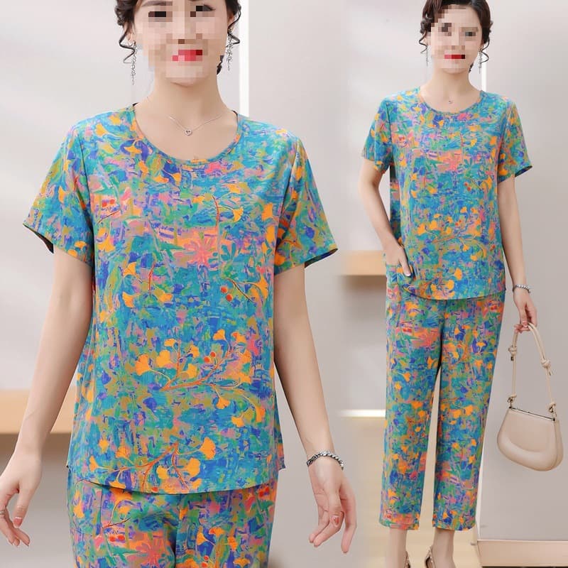 [Top + Pants] Cotton Silk Plus Size Middle-Aged Mother's Clothing Fashionable Summer Loose Slimming Western Style Thin Suit No
