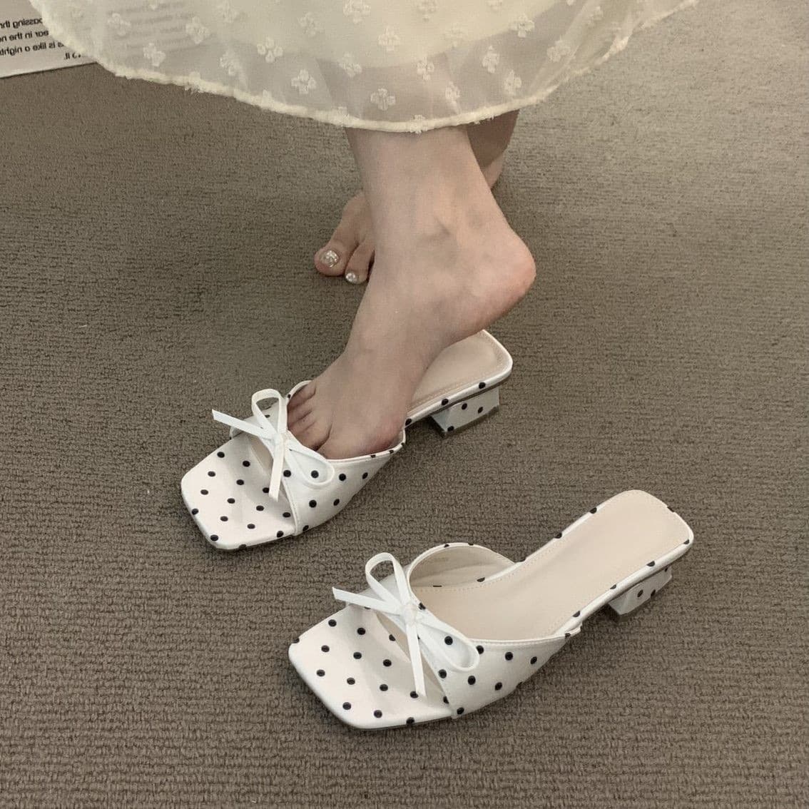 Chuyuji French Polka Dot Black Chunky Heel Summer Sandals Fairy Shoes for Dresses Evening High Heel Roman