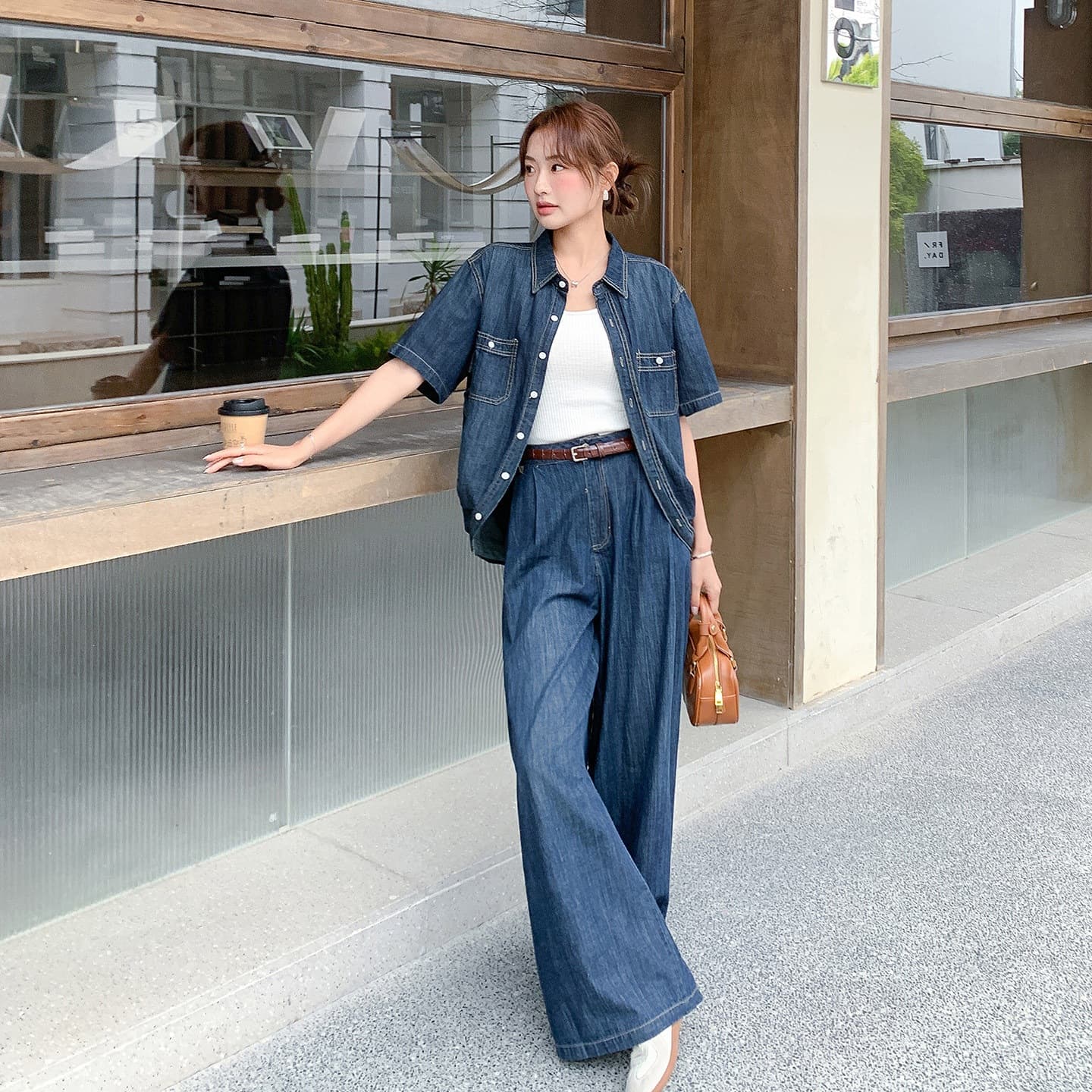 Designed denim top + wide leg pants two-piece set with belt 2C139-6832-P175-K288