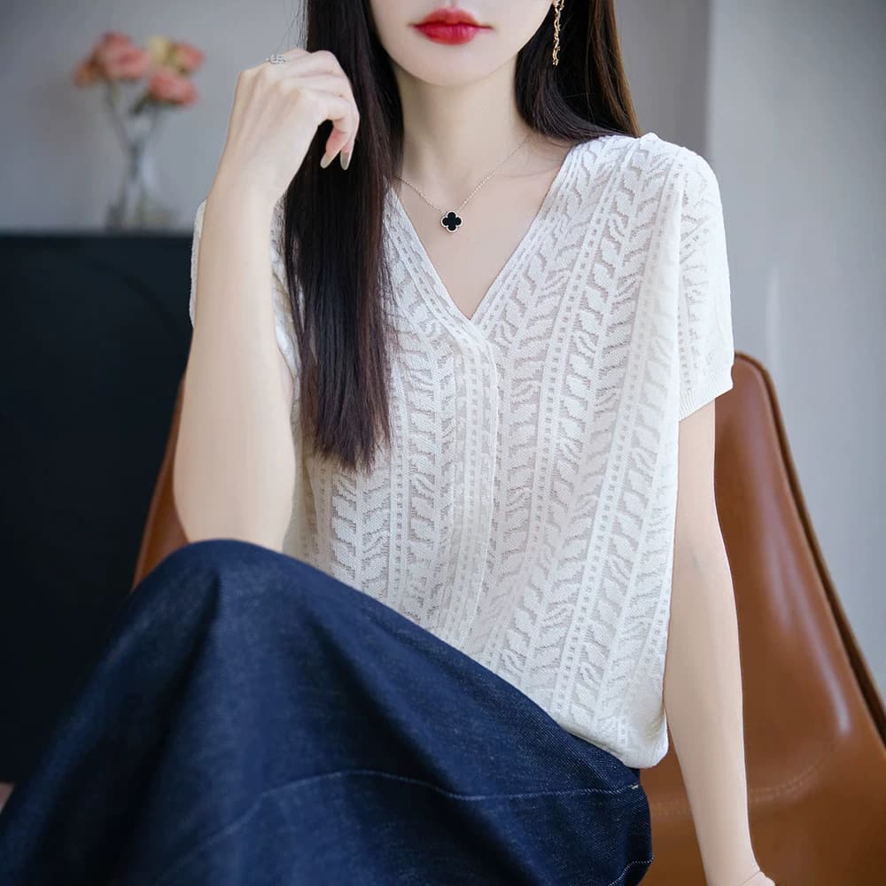 Embossed Jacquard Knit Cap Sleeve T-Shirt Women Summer Thin Loose Slimming Hollow Out Short Sleeve Base Top Women's Blouse