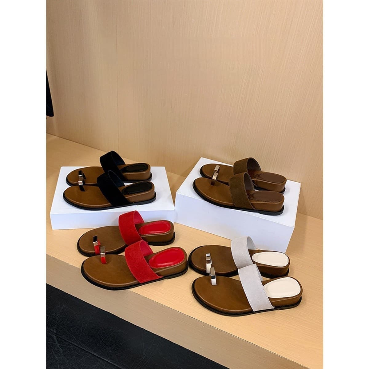Chuyuji French Thick Sole Platform Toe-Loop Slide Sandals for Women Summer Outdoor Flat Casual Beach Sandals