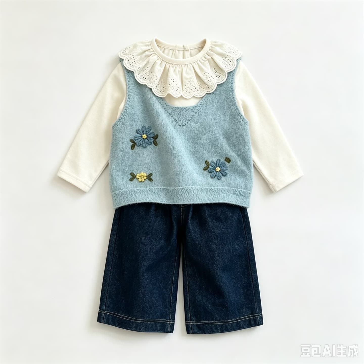 Girls' Kids Clothing Autumn Winter New Korean Style Lace Hand-Embroidered Base Knit Top Versatile Vest Cartoon 3-Piece Set