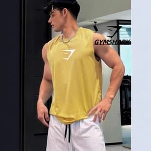 GYMSHARK Fitness Tank Top for Men, Summer Mesh Quick-Dry Sleeveless Printed T-Shirt, Muscle Shark
