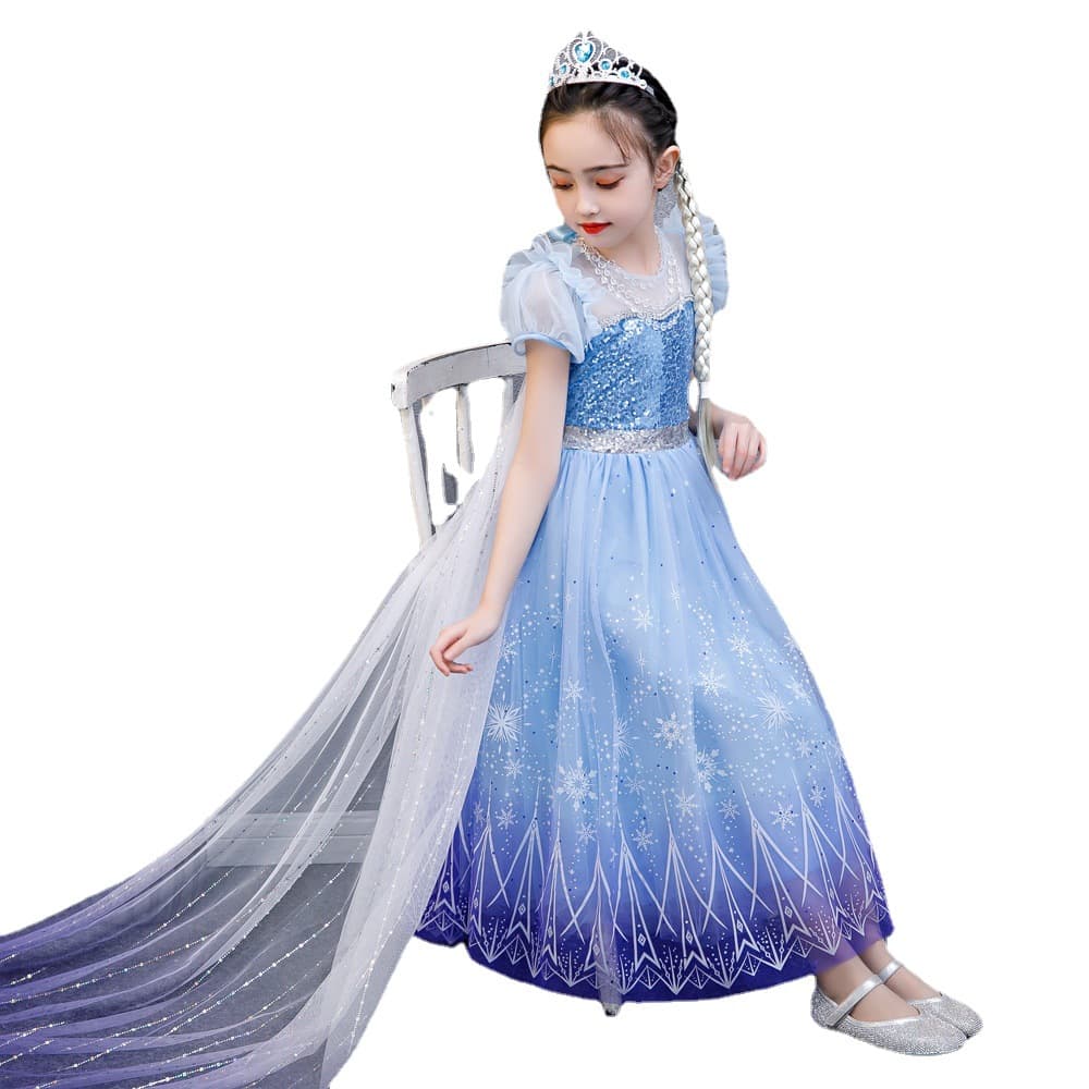Frozen 2 Elsa Princess Dress Printed Sequined Mesh Dress Girls Short Sleeve Large Skirt Foreign Trade Hot Style