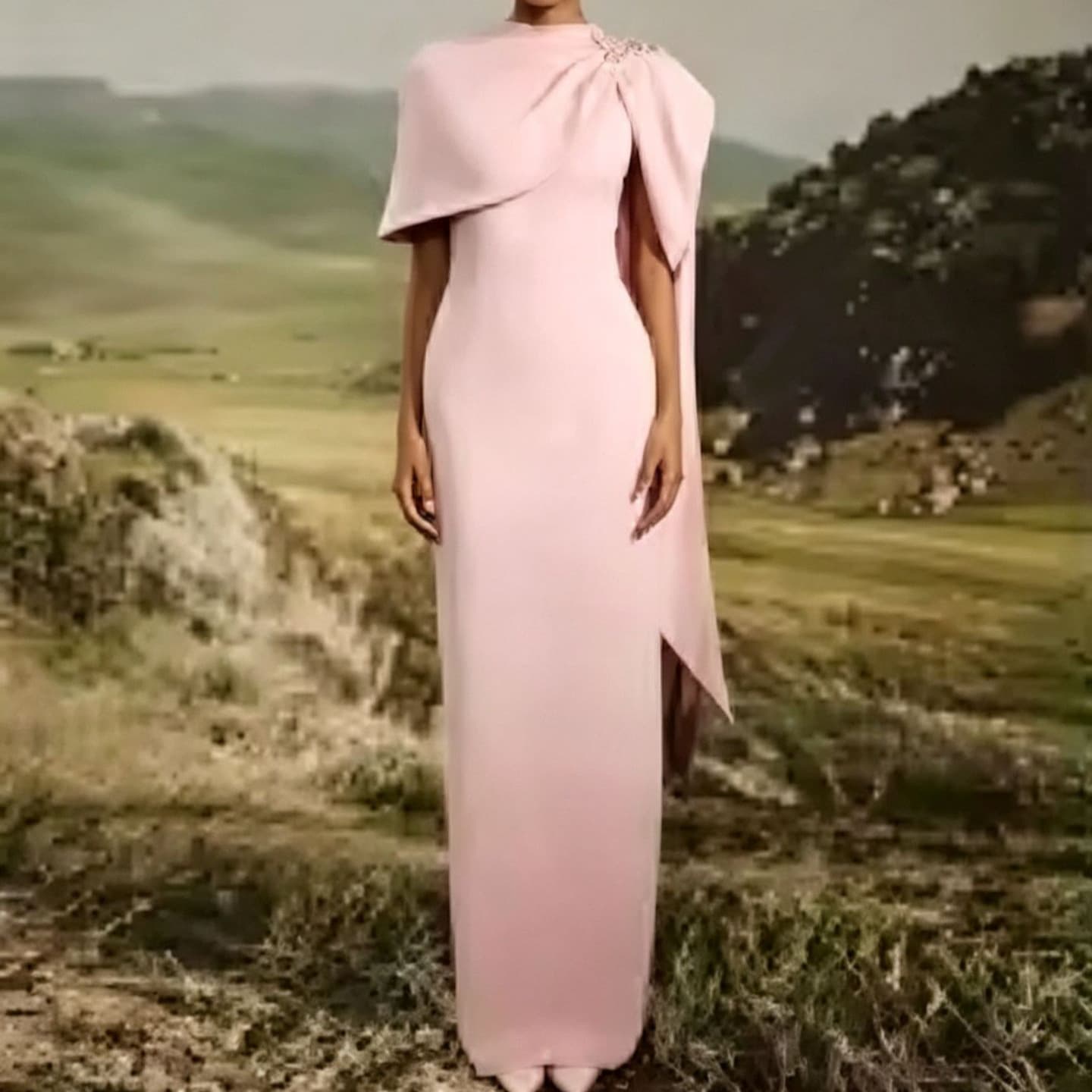 2026 Spring European and American Amazon Cross-border Pink Asymmetric Cape Shoulder Beaded Long Banquet Flowing Evening Dress