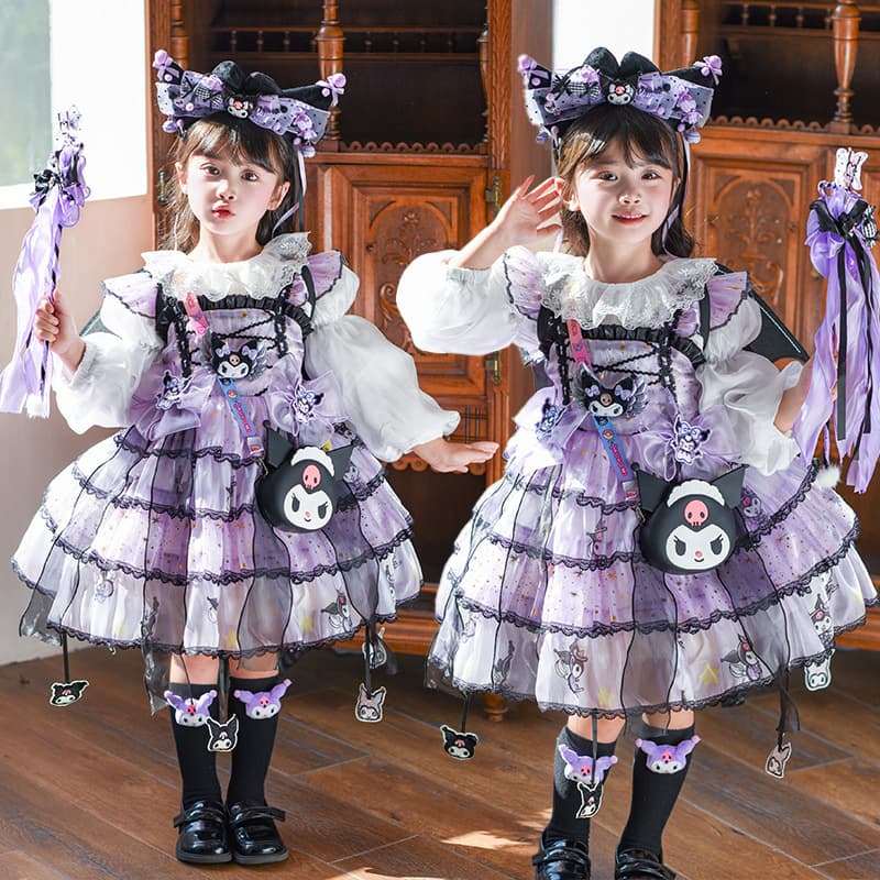 Girls Autumn Lolita Princess Dress, Kids Kuromi Tulle Skirt Set, Baby Girl Fall Cake Dress