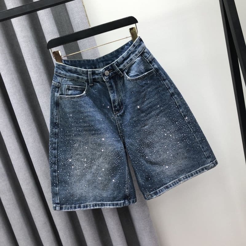 Personalized Rhinestone Five-Point Denim Shorts for Women 2026 Summer New Fashion Straight Wide-Leg Mid-Length Thin Denim