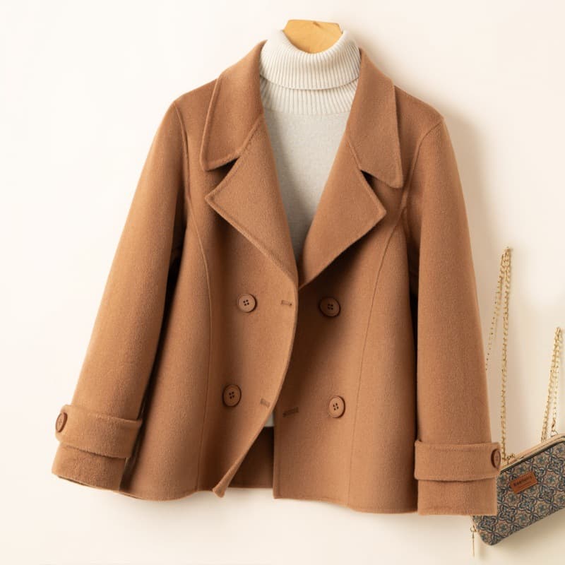 Suit Collar Wool Short Jacket for Women, Straight Loose Fit, Casual Versatile Slimming Top for Petite Figures