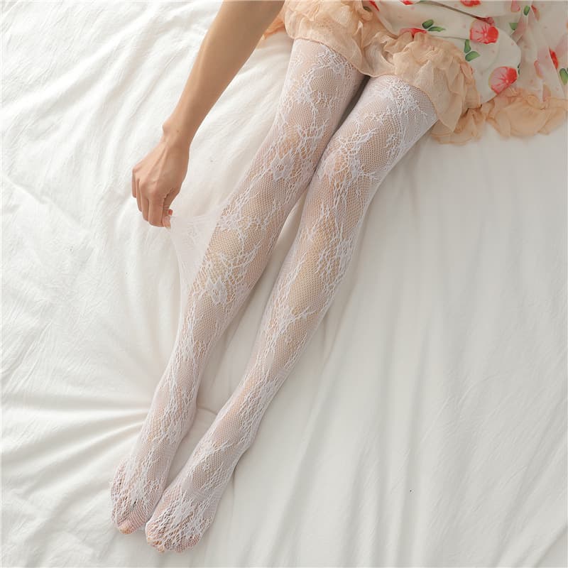 Susheng fishnet stockings floral vine stockings thin style white lace flowers bow sexy black stockings pantyhose Sy