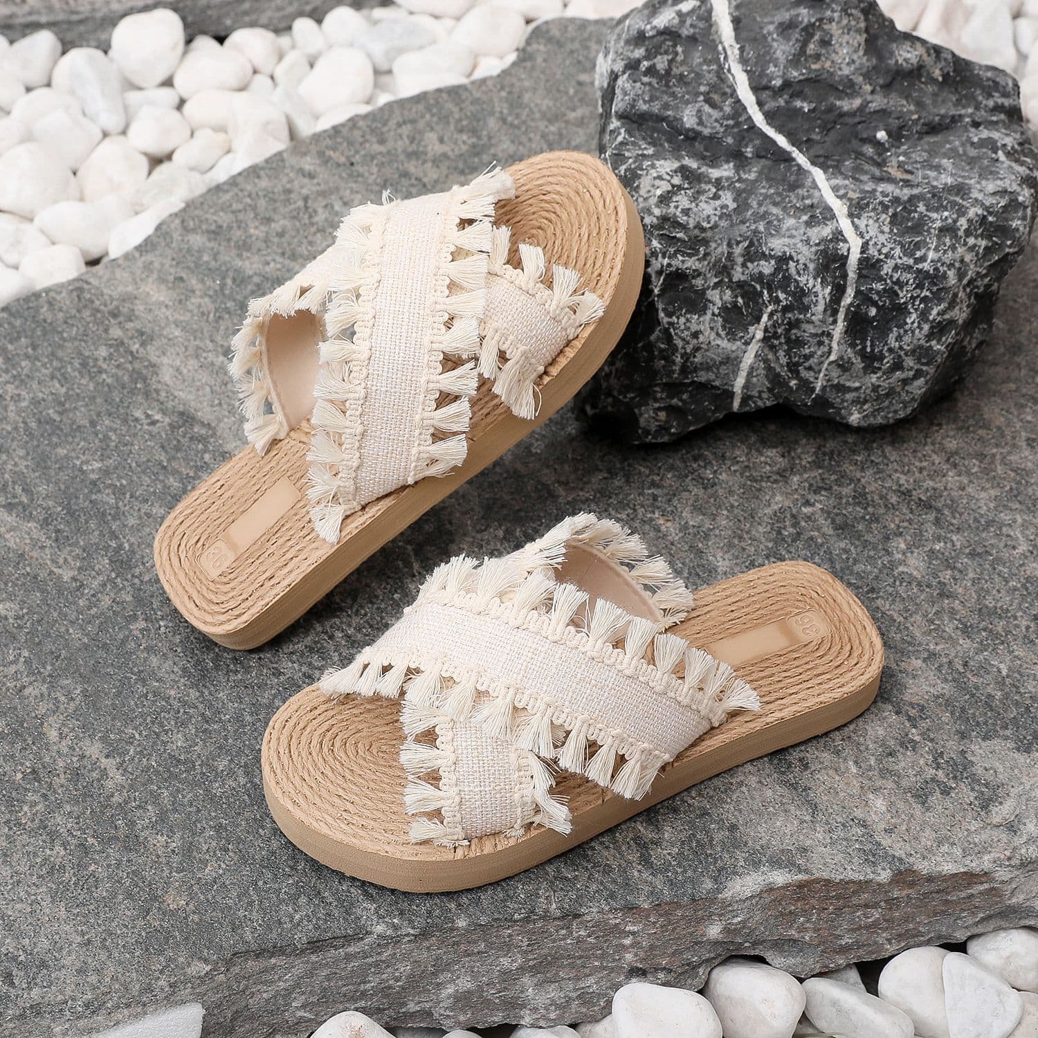 Women's Flat Slippers with Fringe, Low Heel, One-Strap, Embossed Faux Hemp Sole, Rope-Style, Ethnic Style, Cross-Border Woven Chaozhou