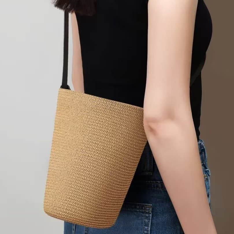 Straw Woven Bag Summer Designer Bucket Bag Crossbody Shoulder Handbag INS Beach Bag Women Vintage Cross-border