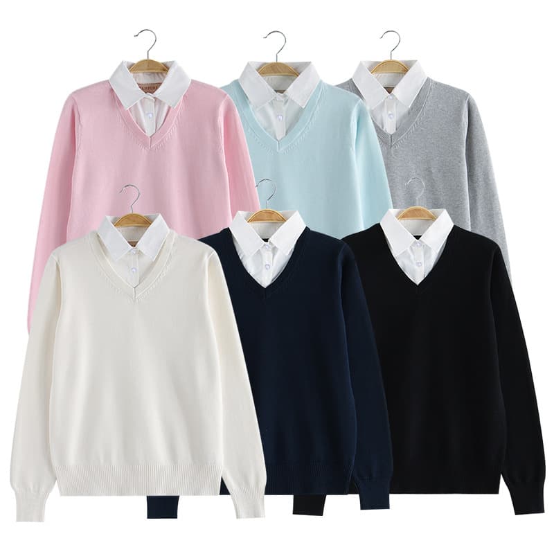Kawashima Autumn/Winter JK Uniform Pullover Sweater, Japanese Style Solid V-Neck Knit Top, Long Sleeve, Faux Layered Design