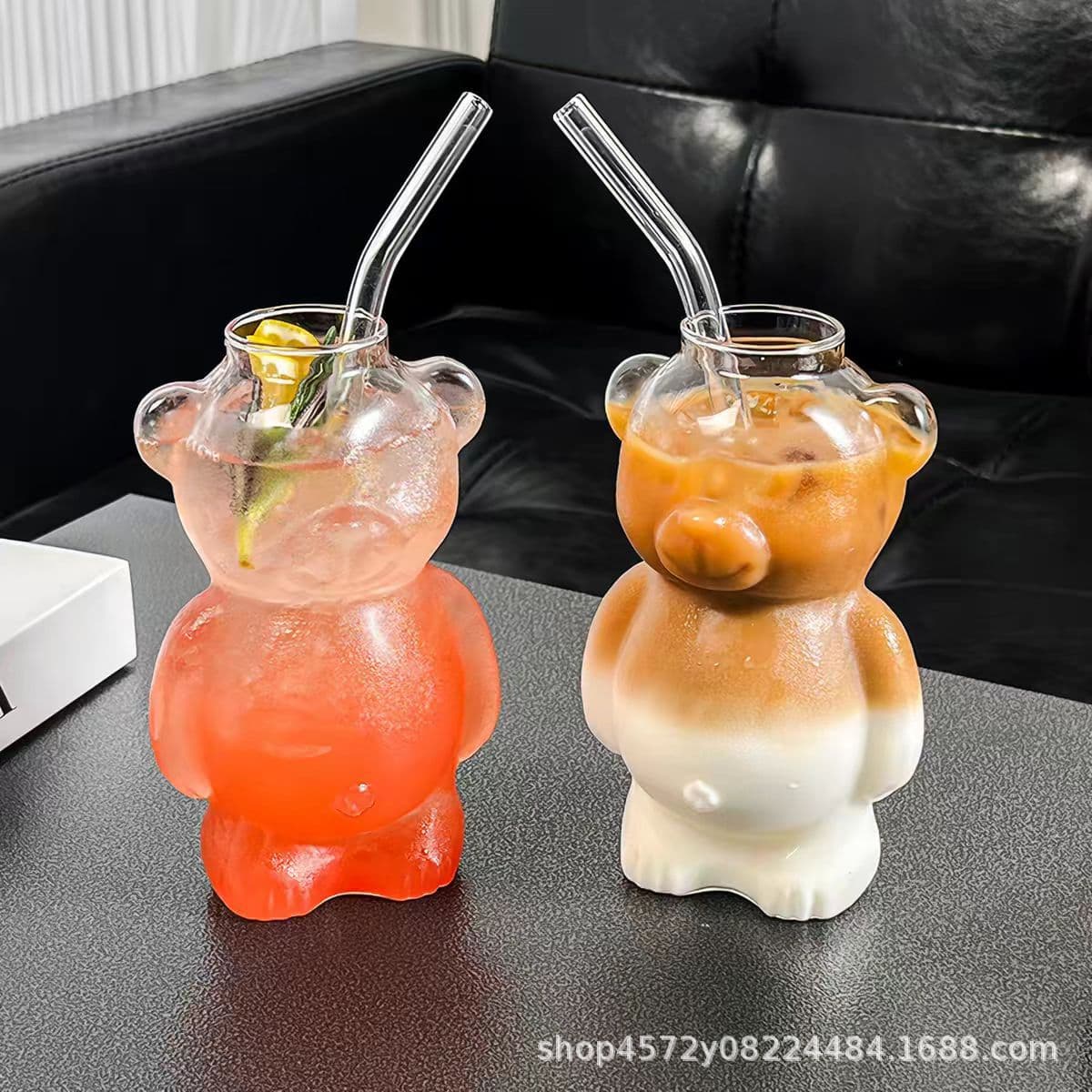 Cute Bear-Shaped Glass Cup Creative Milk Tea Cup Coffee Cup High Borosilicate Heat-Resistant Glass Water Cup with Straw