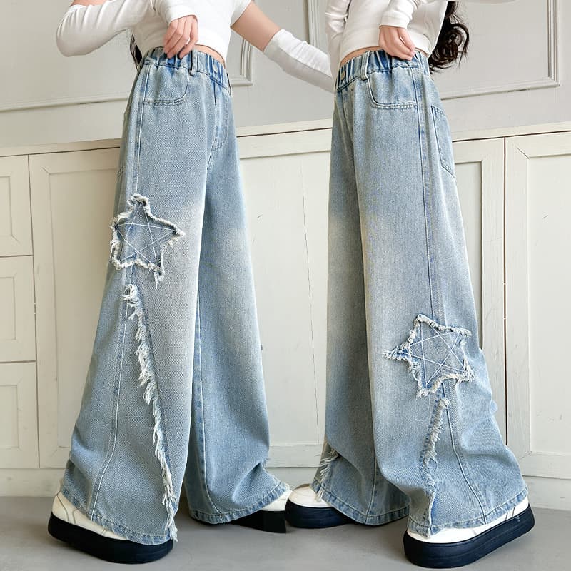Girls' pants, autumn and winter 2026 new winter clothing, medium and large children's velvet thickened five-pointed star straight spring jeans