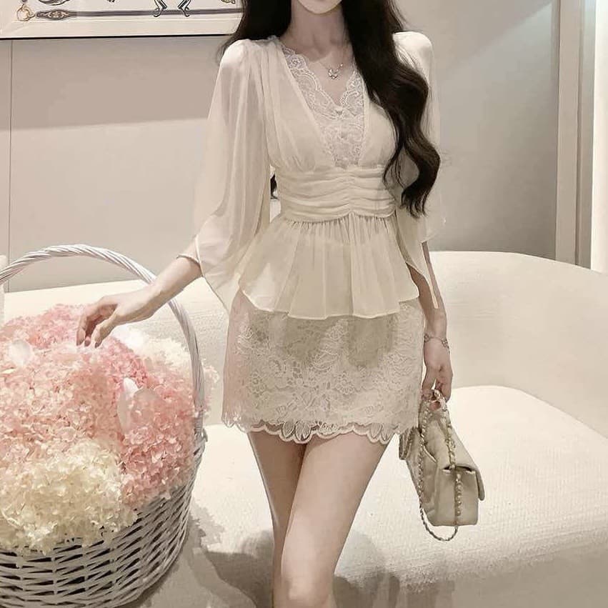 Just 6/3 Soft Chiffon Heartbeat New Summer Fashion Socialite Style Waist-Cinching Top with Lace Trim Chiffon Blouse for Women