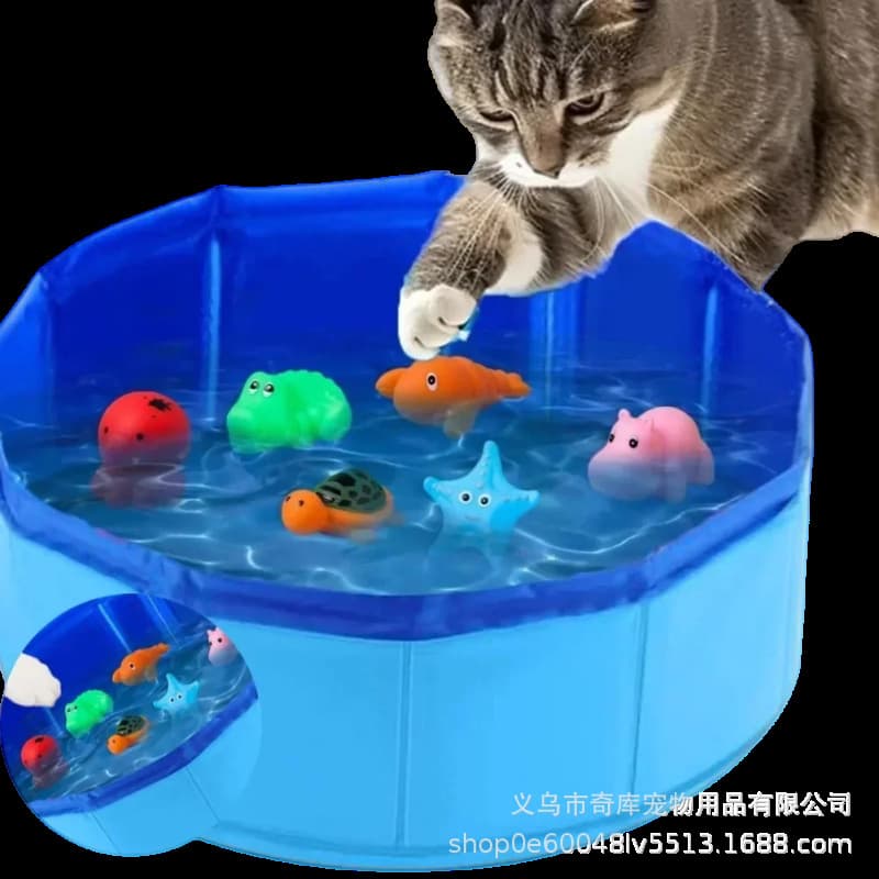 Pet Cat Water Play Pool Foldable Blue 30×10cm with 6 Soft Rubber Toys