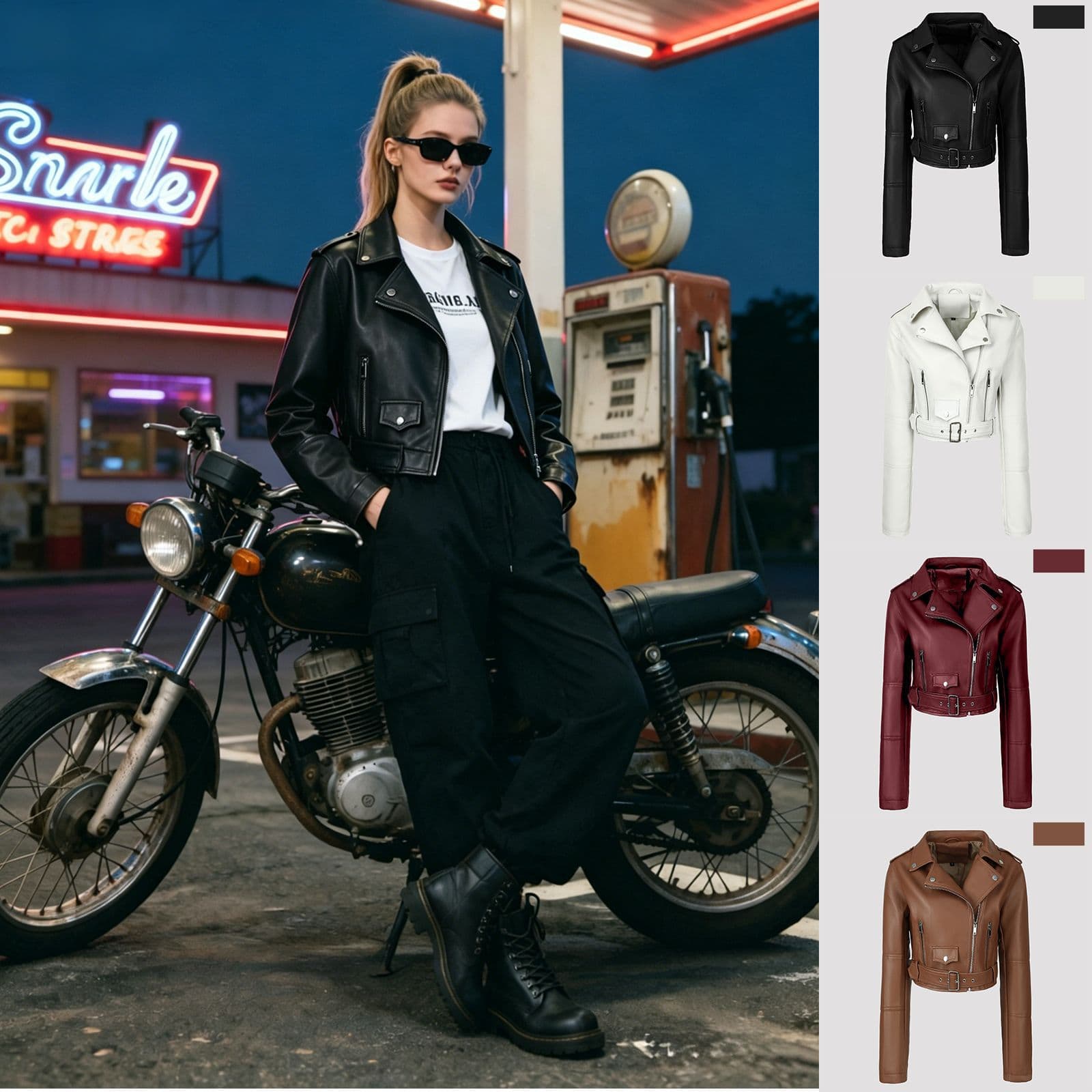 Sweet and Cool Style Short Leather Jacket Versatile Belt-Style Pu Leather Jacket Women's Cropped Leather Jacket