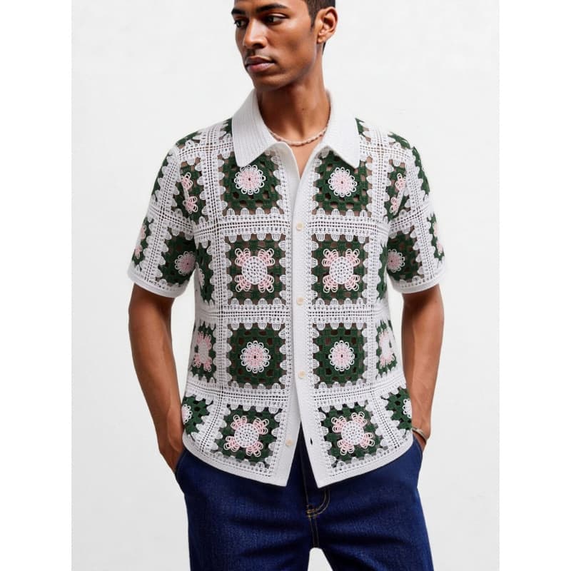 Men's Cardigan Summer New Handmade Crochet Shirt Short Sleeve Vacation POLO Shirt Source Factory Stock