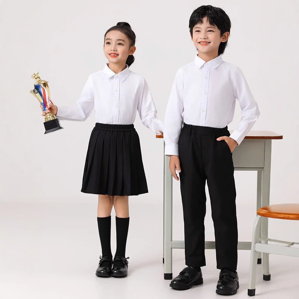 Children's Formal Wear White Shirt Boys' Dress Shirt Black Trousers Choir Performance Outfit Girls' Short Skirt Set