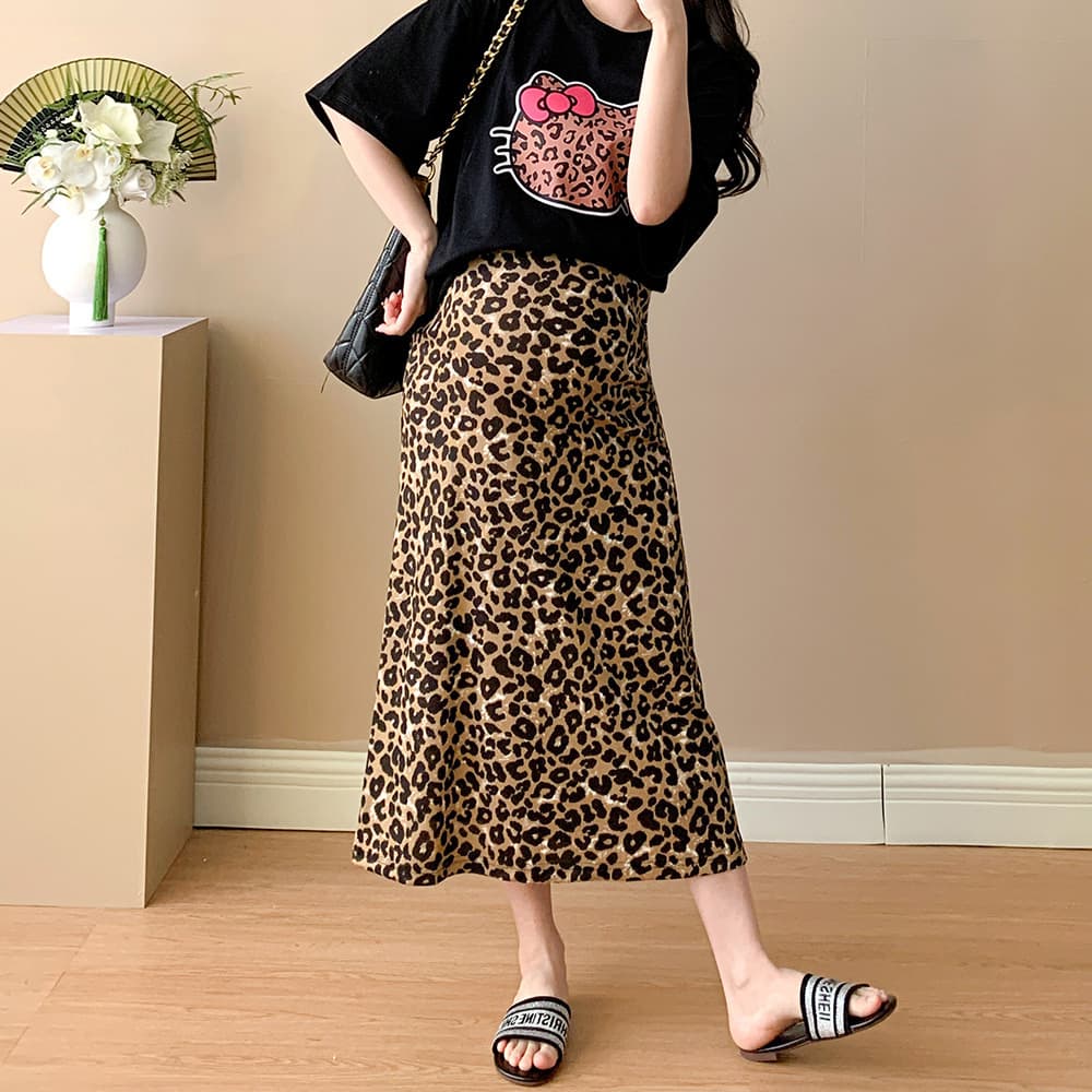 Summer Maternity Ice Silk Leopard Print Midi Skirt with Button Elastic Waist High Stretch Tummy Control