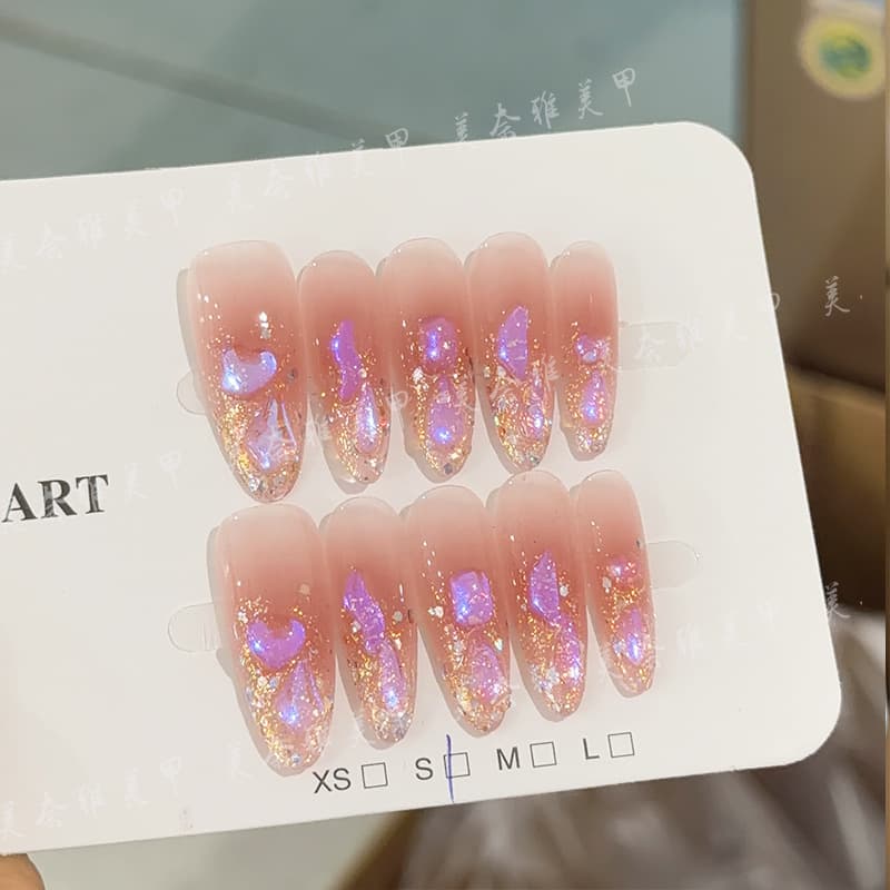Pure Handmade Wearable Nails: Pink Mist Aurora Nails Wholesale, Detachable Fashionable Pink Handmade Nails for Fair Skin