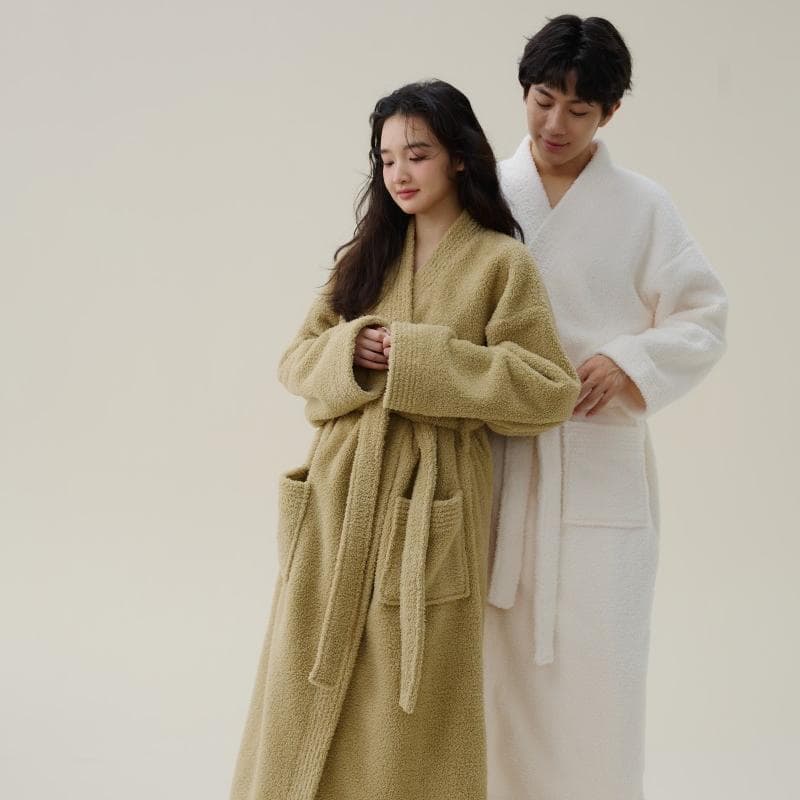 Thick Coral Fleece Sleep Robe Long Unisex Padded Beautiful Velvet Couple Pyjamas Comfortable Warm Home Wear Luxury V-Neck Spring Autumn Winter