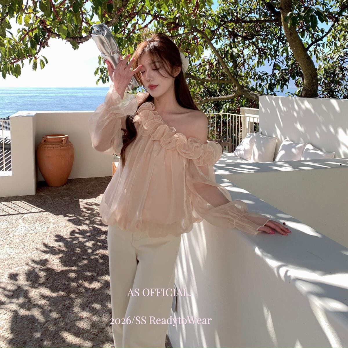AS OFFICIAL Spring/Summer French Gentle Style 3D Floral Pearl Sheen Off-Shoulder Long-Sleeve Chiffon Blouse for Women 26123