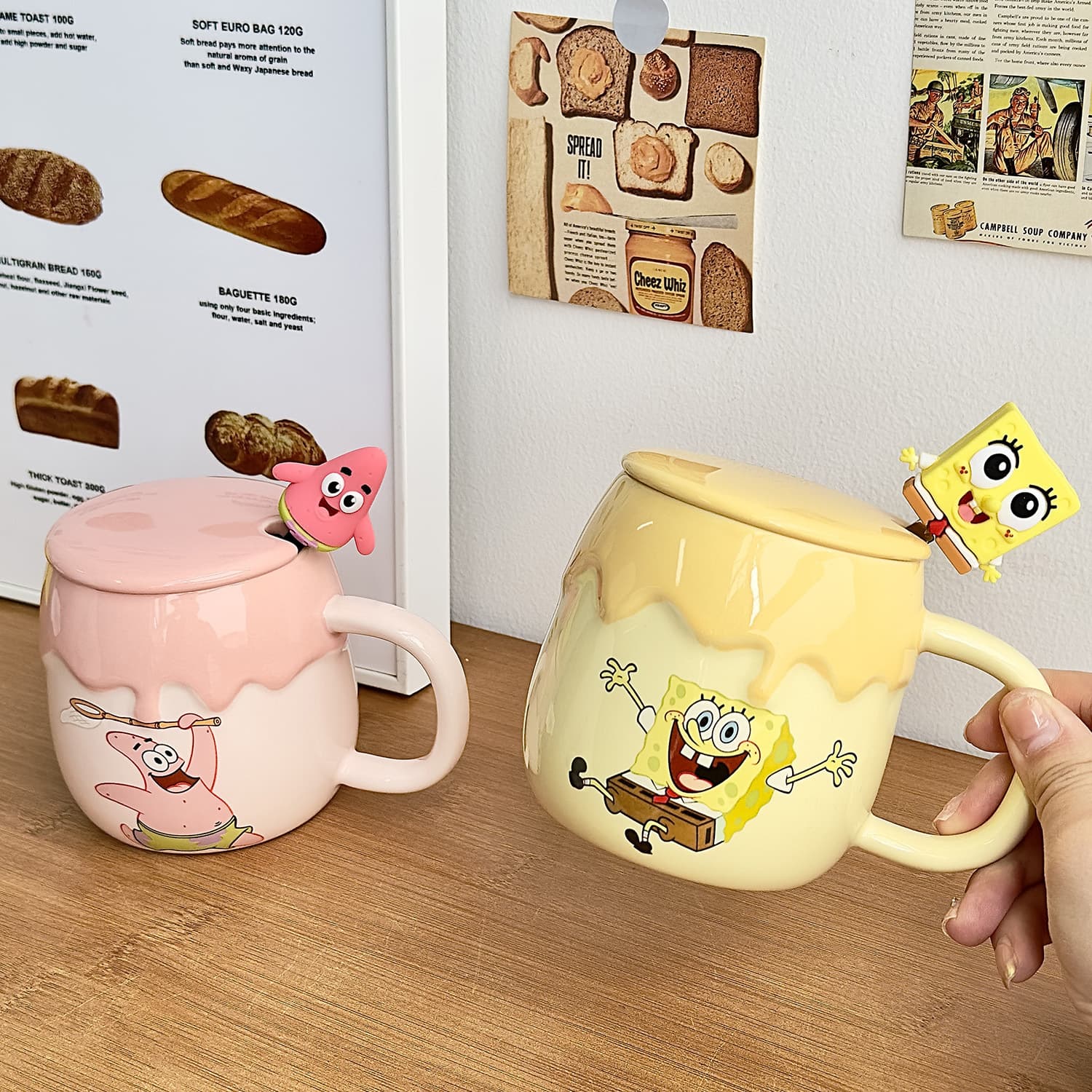 Authentic SpongeBob and Patrick Star Mug with Lid and Spoon - Creative Ceramic Water Bottle - Birthday Gift for Boys and Girls
