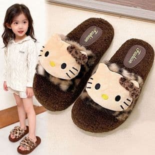 Autumn Winter Leopard Print Girls Fuzzy Slippers Girls Cartoon New Outdoor Soft Sole Non-Slip Parent-Child Cotton Slippers