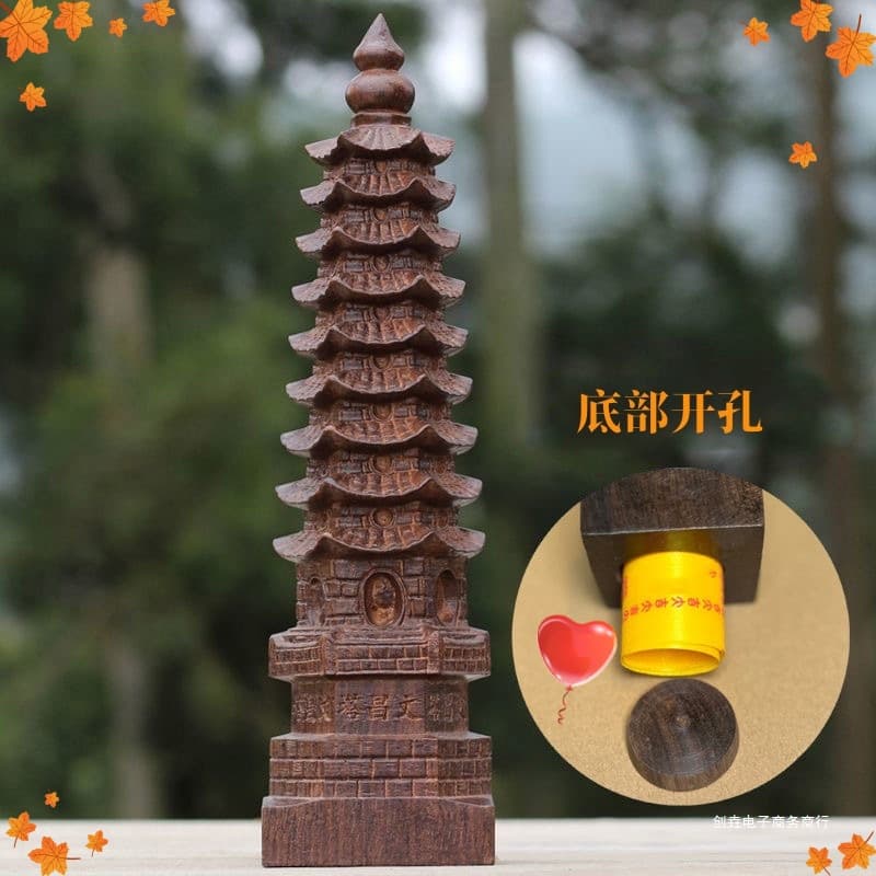 Chuangyao Wood Carved Wenchang Pagoda Ornament, Thirteen-Story Wooden Thousand Buddha Pagoda, Nine-Story Desktop Decor Craft