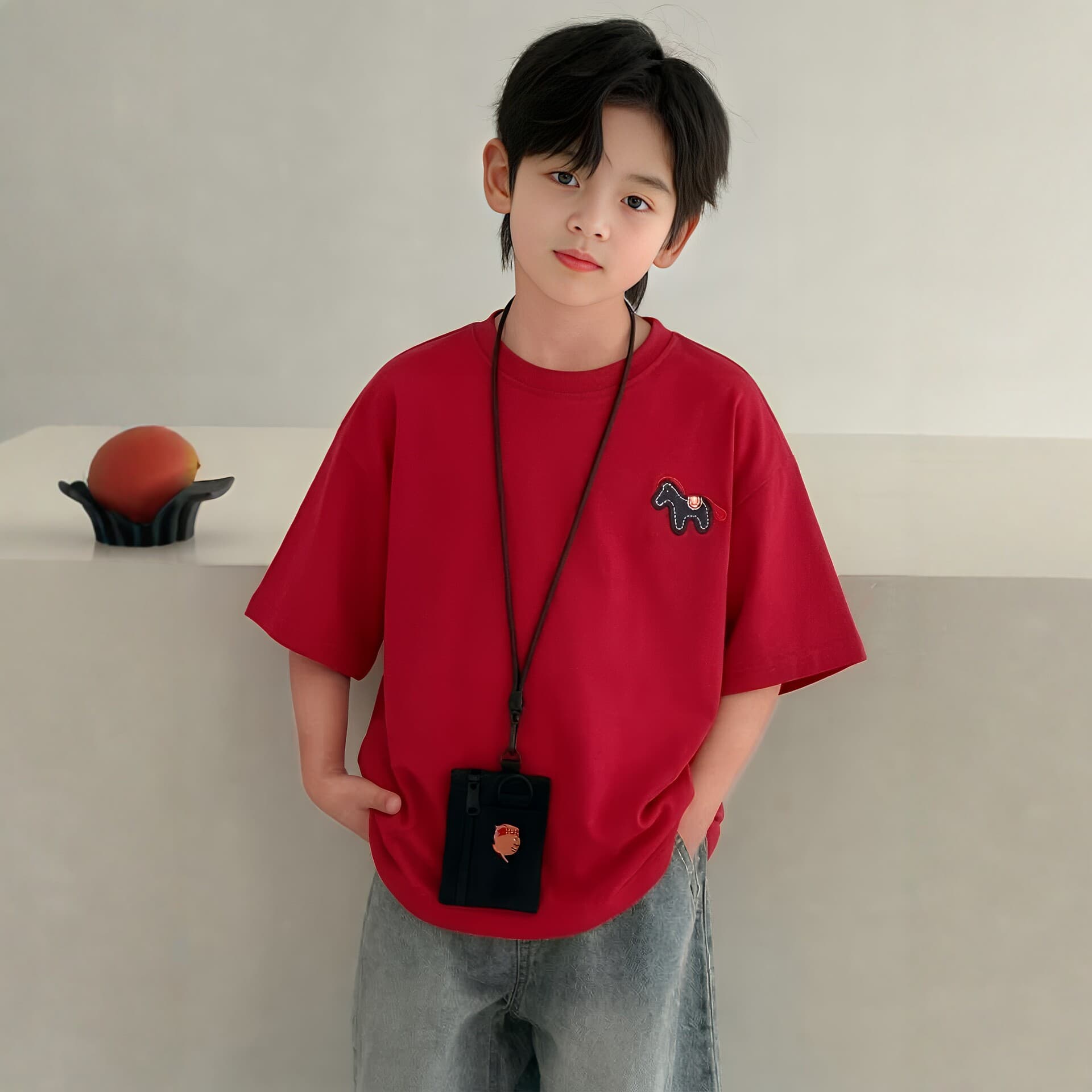 Boys' new summer embroidered short-sleeved T-shirt Korean style loose pure cotton trendy white and red top for middle and large children