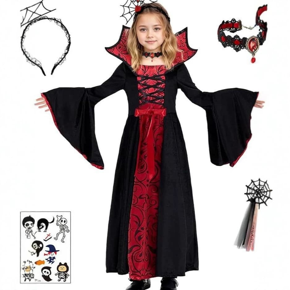 Cross-border Children's Vampire Witch Cape Set Red Black Long Dress Cos Costume Party Prop