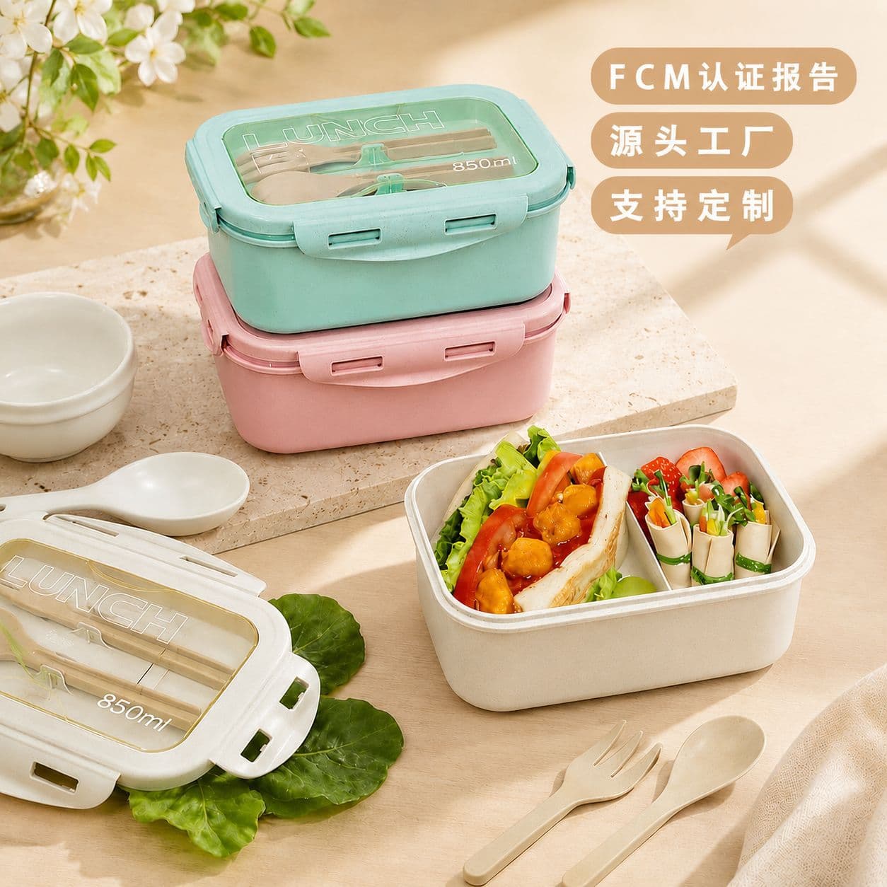 Wheat Straw Lunch Box Student Two Grids Sealed Bento Box Microwave Safe Buckle Lunch Box with Utensils Eco-Friendly Plastic Square Shape