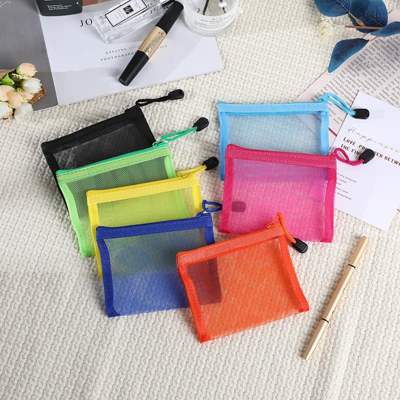 Colorful transparent mesh exam pen bag zipper bag portable student stationery bag cosmetics storage bag coin bag