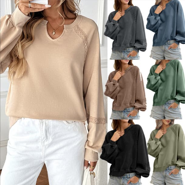 2026 Fall/Winter Cross-border Oversized Solid Hoodie Women V-Neck Long Sleeve Pullover Casual Fashion