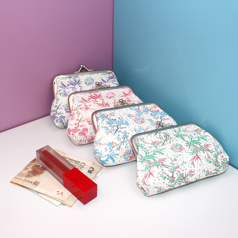 Leather Floral Clasp Coin Purse, Shiny Chinese Style Mini Wallet for Women, Portable, Wholesale