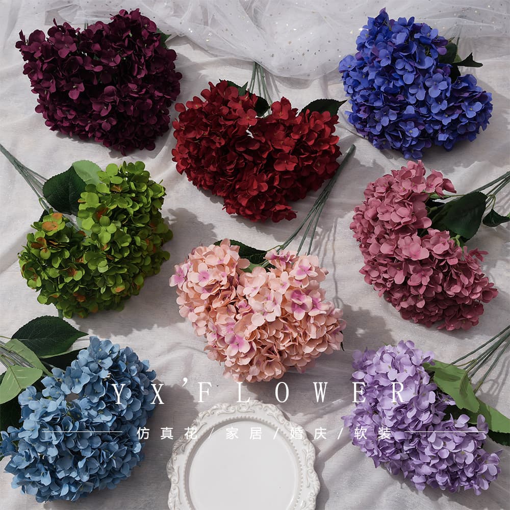 Simulated 5-Head French Hydrangea Artificial Flowers for Wedding Floor Arrangements, Premium Decorative Plastic Flowers