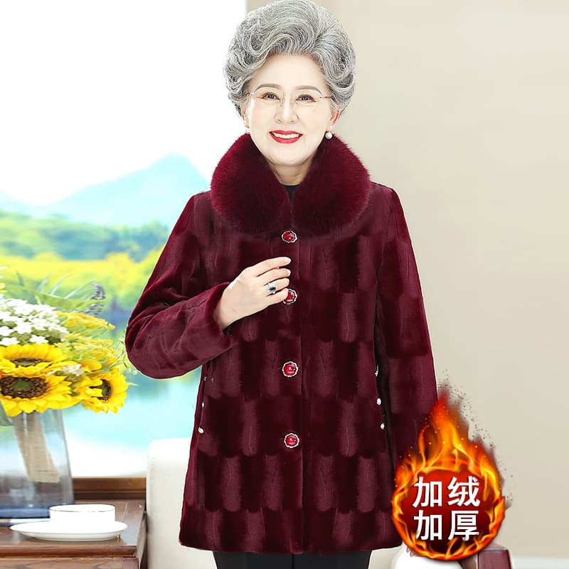 Grandma Winter Wear Plush Mink Fleece Coat for Middle-Aged and Elderly Women, Mink Fur Coat, Mom Fur Cotton Jacket, Elderly Cotton Clothing