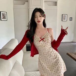 Sweet Hot Girl Floral Camisole Dress Women Summer Lace Trim Bow Waist Sexy Fitted Bodycon Short Skirt
