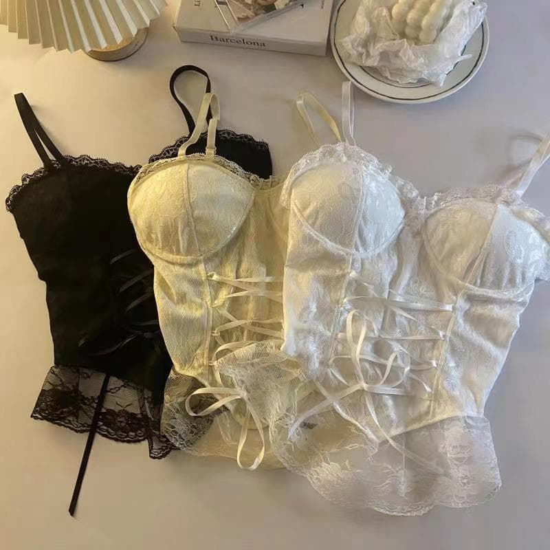 French lace camisole women's chest pad outer wear one-piece wireless beauty back all-match short top