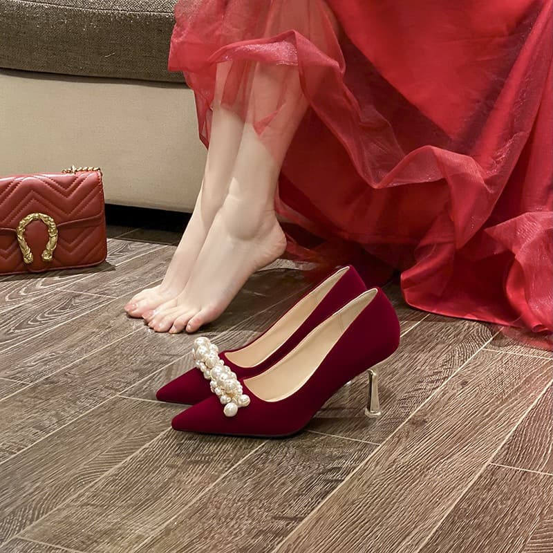 316-A89 Red Wedding Shoes Women Xiuhua Bride Heels, Main Wedding Dress Stiletto Pearl Comfortable Plus Size Single Shoes